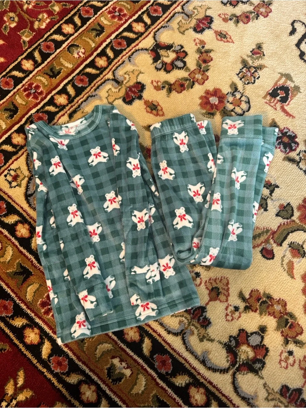 Cat & Jack Green Plaid Bear Print Pajama Set with Red Bow Accents
